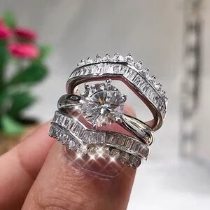 *NEW* 925 3pc Silver Wedding Ring Set